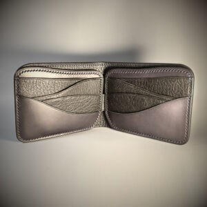 Black and blue hand-stitched bifold wallet unique curved design interior view