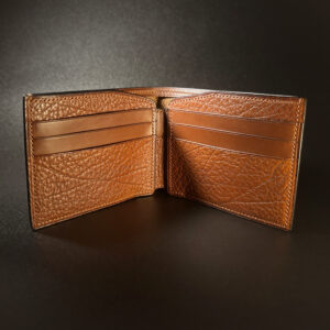 Unique handstitched textured terrracotta brown bifold wallet interior view