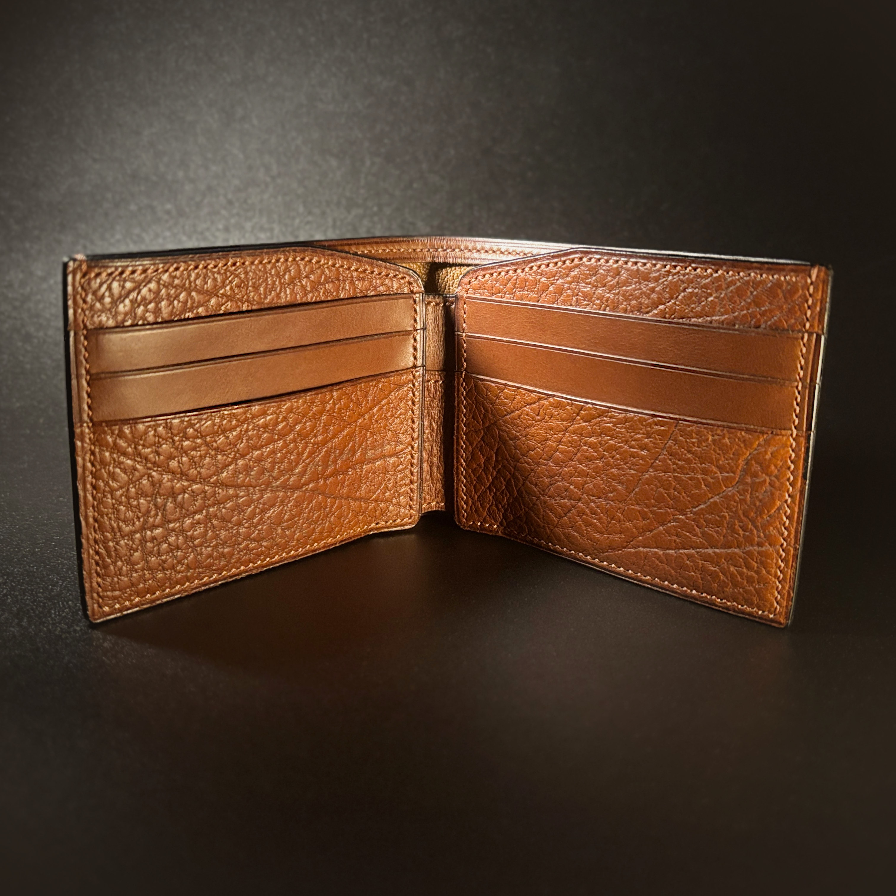 Unique handstitched textured terrracotta brown bifold wallet interior view