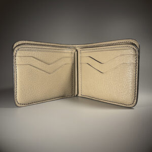 Unique handstitched black shark leather shell and light tan chevron patterned interior bifold wallet interior view