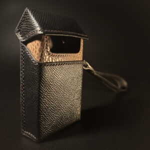 Luxury handstitched black and taupe box style card wallet with unique hinged opening and wristlet strap view of front of open wallet with leather wristlet