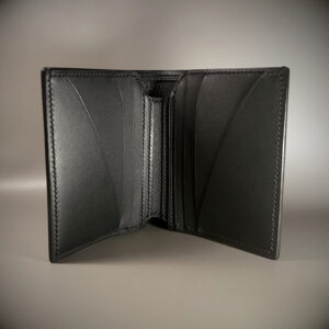 Unique all black handstitched architectural card and cash bifold wallet interior view