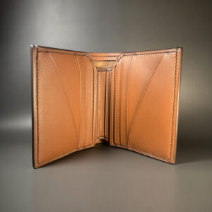 Unique ochre interior and brown shell handstitched architectural card and cash bifold wallet interior view