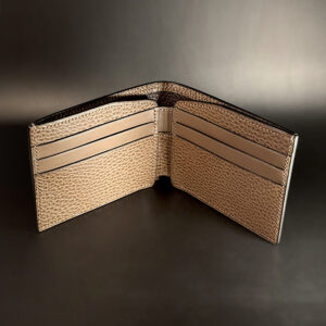 Unique handstitched mahogany brown and textured and smooth taupe bifold wallet interior view
