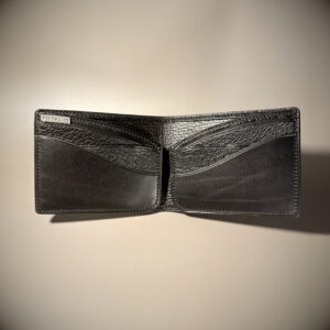 Black interior and black shark leather shell hand-stitched bifold wallet unique curved design interior view