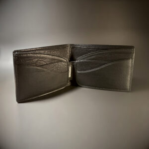 Black interior and black shark leather shell hand-stitched bifold wallet unique curved design interior view