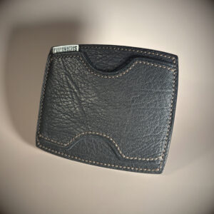 Black slim-line unique card wallet hand-stitched with brown thread