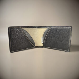 Black grey and taupe slim line folding card wallet hand-stitched interior view