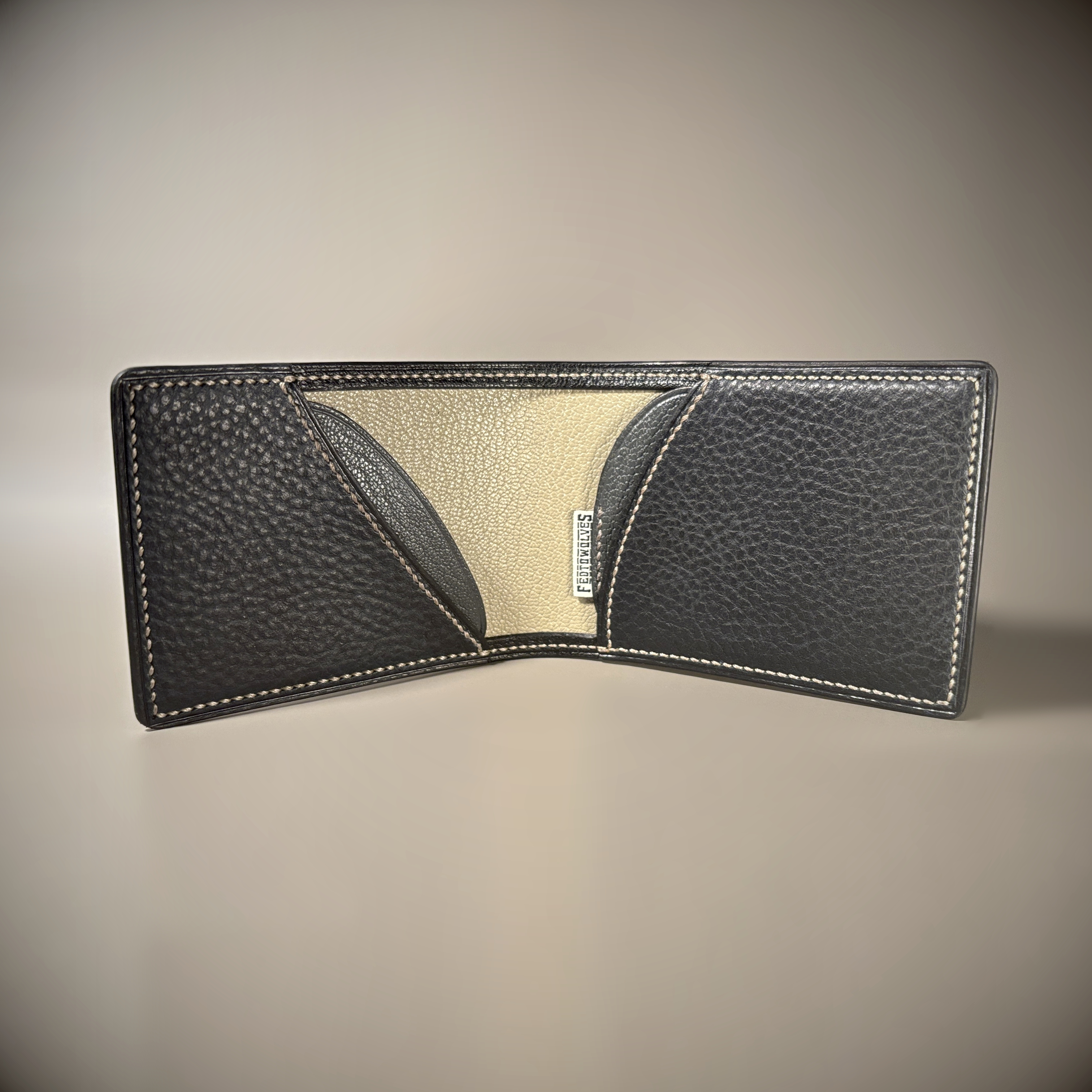 Black grey and taupe slim line folding card wallet hand-stitched interior view