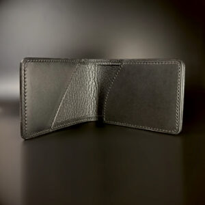 Black slim line folding card wallet hand-stitched interior view