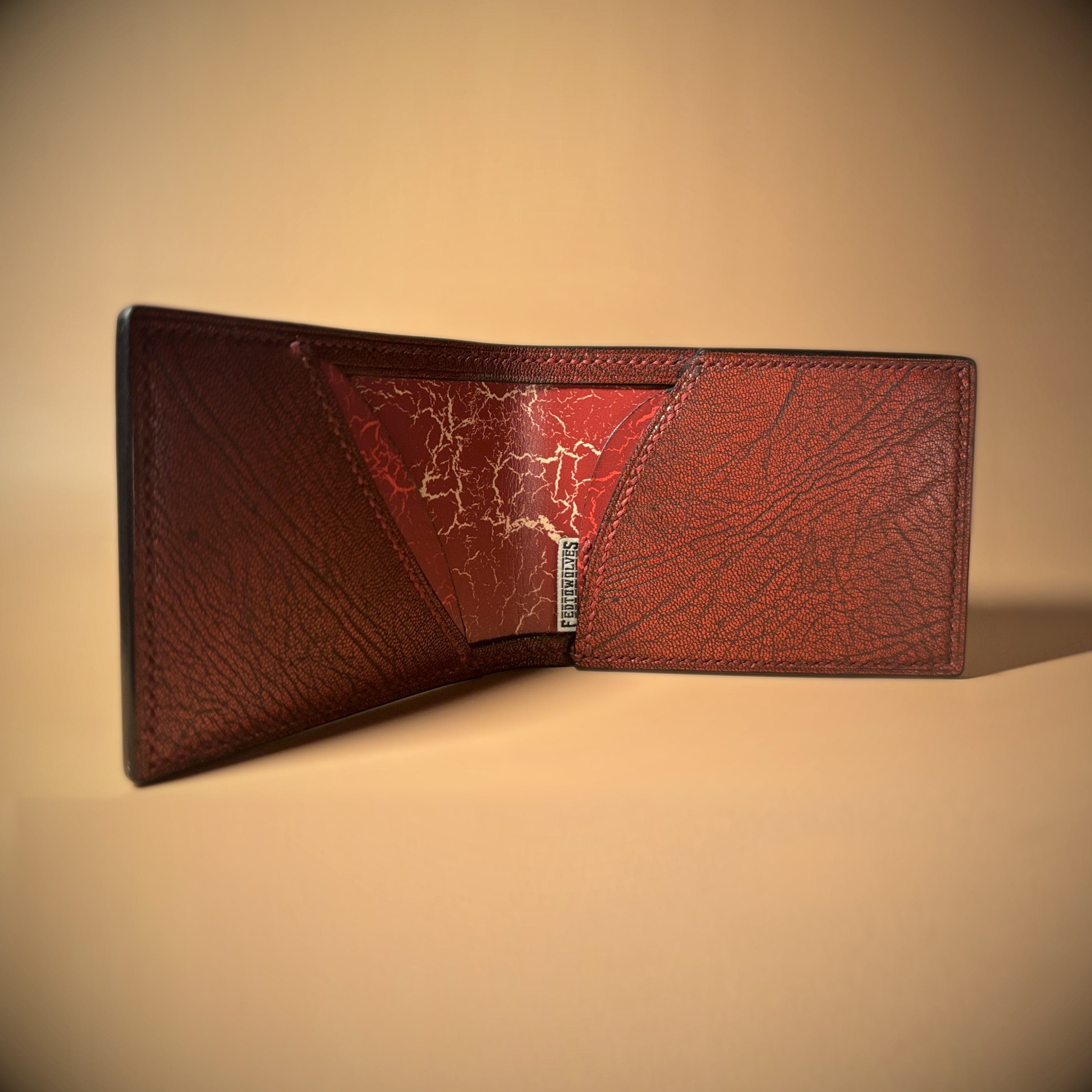 Black red and yellow-cracked leather slimline card wallet interior view