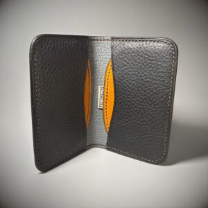 Navy blue ochre and light blue folding handstitched card wallet interior view