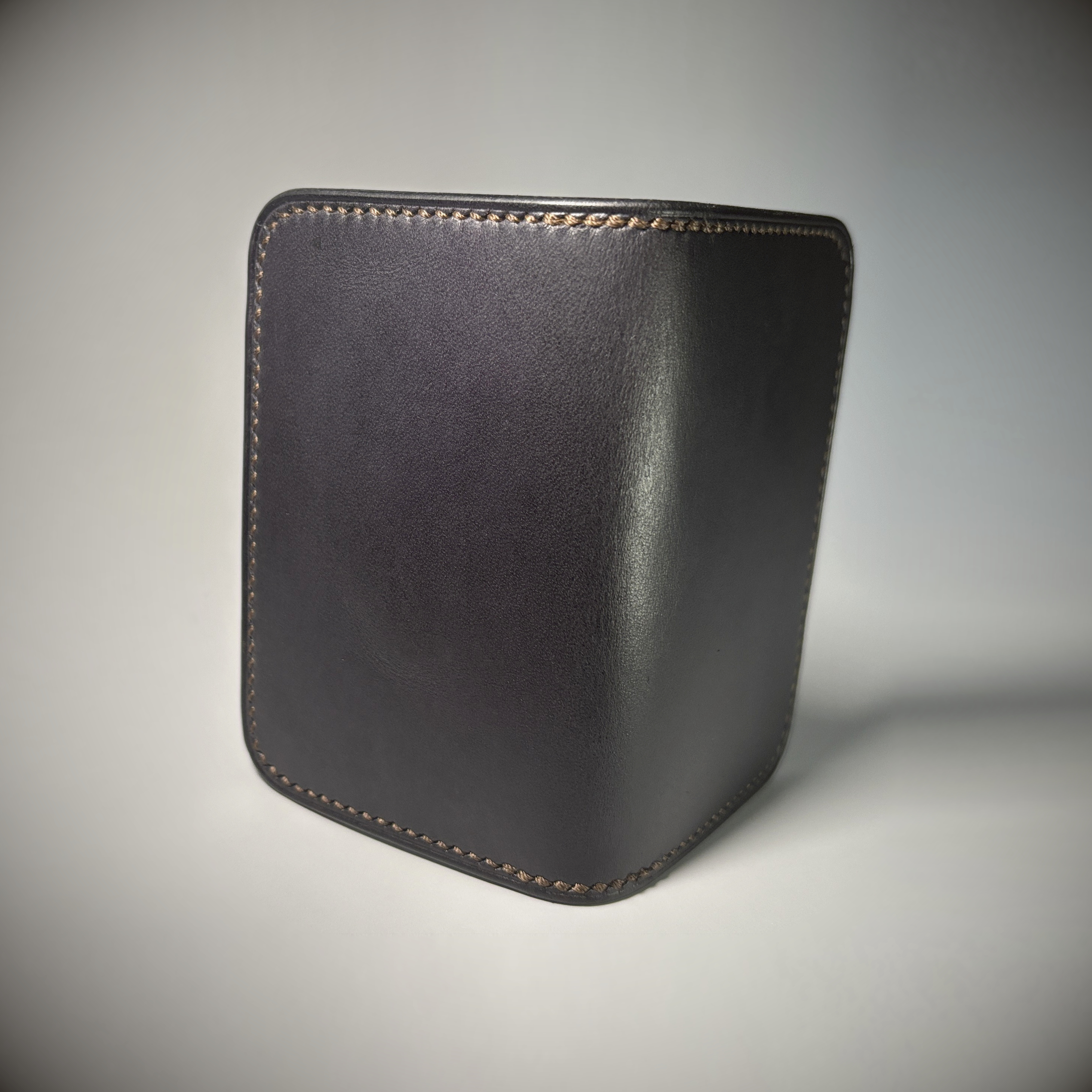 Navy blue ochre and light blue folding handstitched card wallet exterior shell view