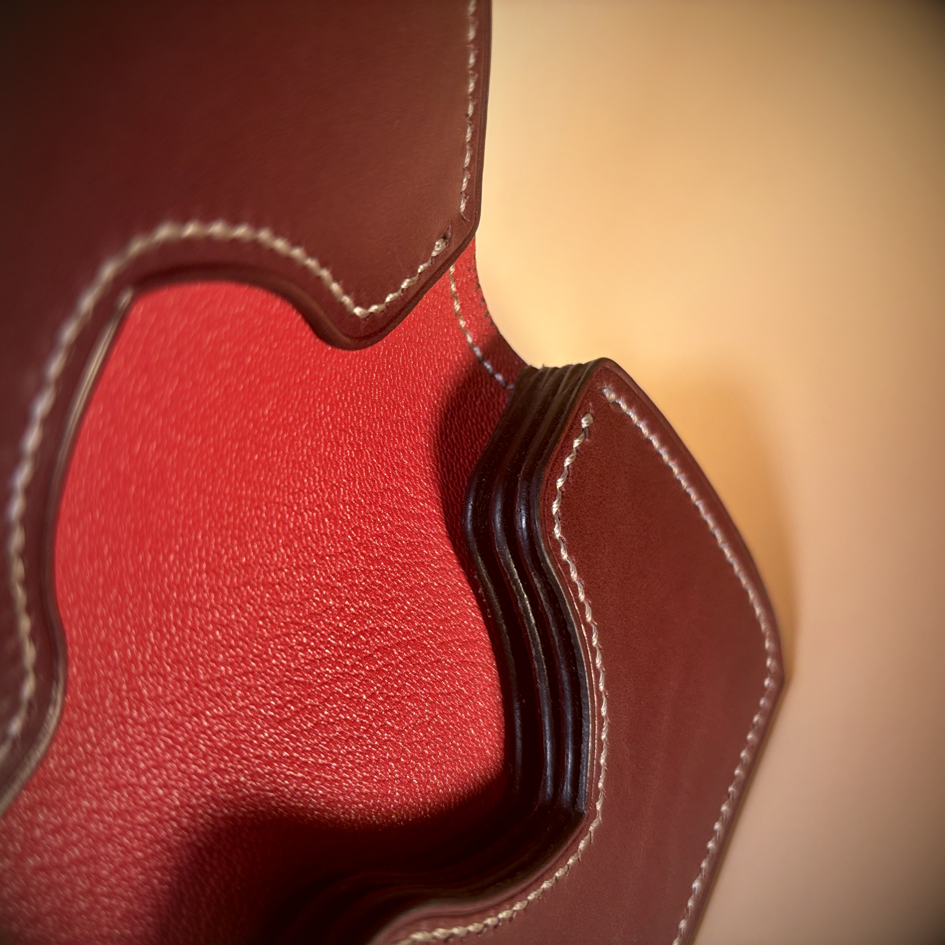 Unique folding red and oxblood hand stitched card wallet detailed interior view