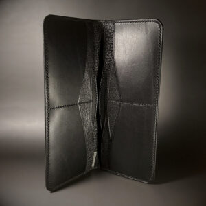 Unique hand-stitched all black cash and card long wallet interior view