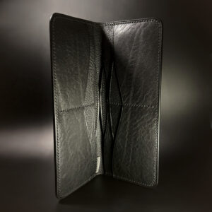Unique hand-stitched all black cash and card long wallet interior view