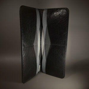 Unique hand-stitched white grey and black cash and card long wallet with black shell interior view