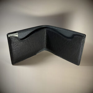 Unique hand-stitched black and grey faceless hidden credit card and cash bifold wallet interior view