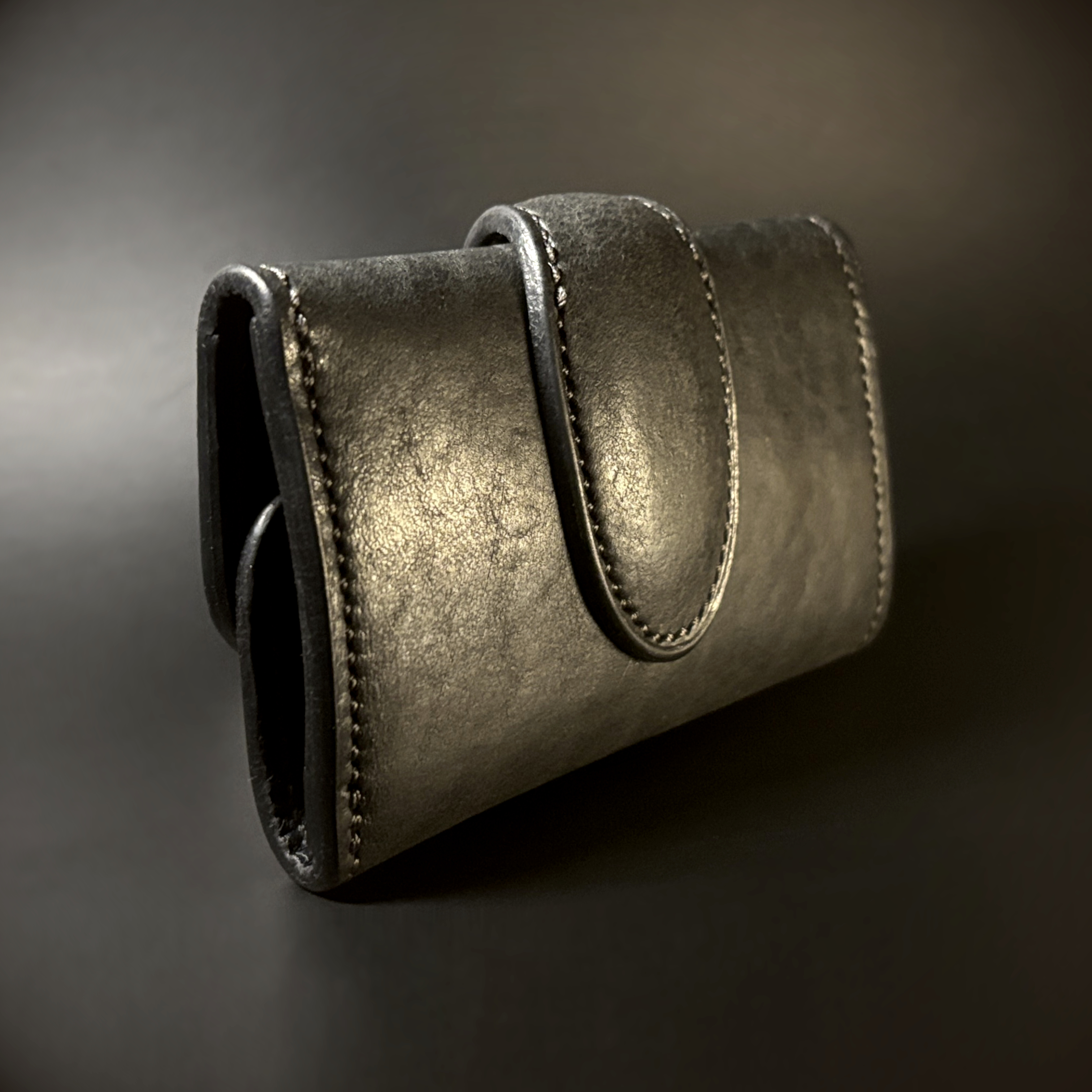 Unique handstitched black and blue keyfold with key rings and card or cash slot exterior shell rear view