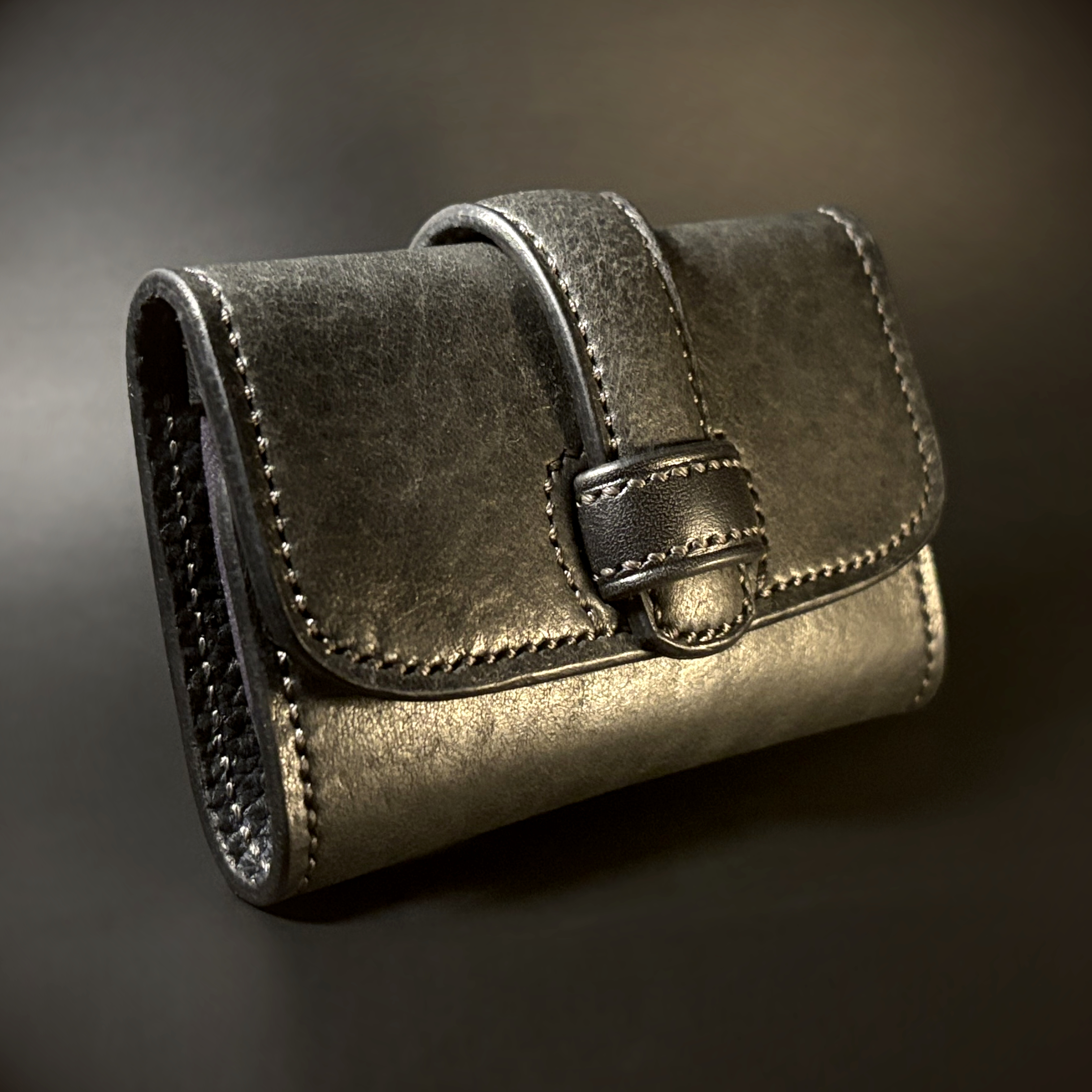 Unique handstitched black and blue keyfold with key rings and card or cash slot exterior shell front closure view