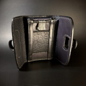 Unique handstitched black and blue keyfold with key rings and card or cash slot interior view