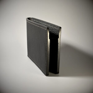 Unique slimfit hand-stitched black and taupe concealed bifold wallet side view